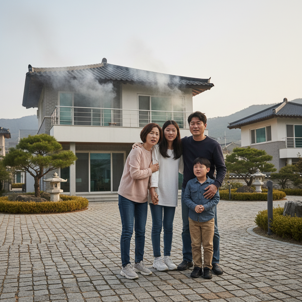 화재 피해로 망연자실한 빌라 거주 가족