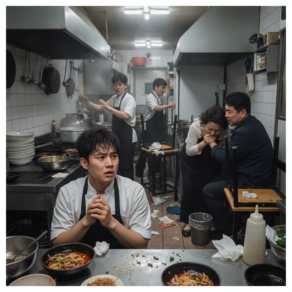 식중독 사고로 혼란스러운 음식점 주방 풍경