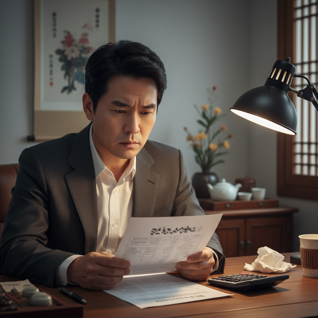 보험료인상 통지서를 보고 고민하는 40대 남성