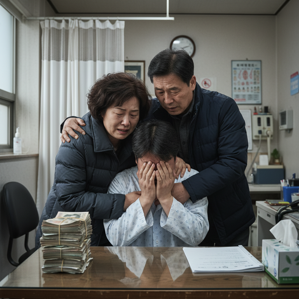 병원 진료를 받는 아이와 걱정스러운 부모님의 모습