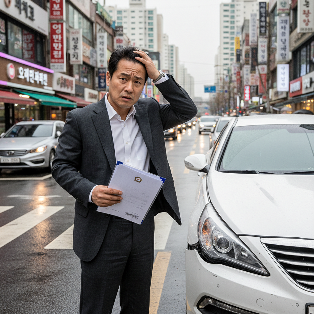 자동차보험면책금 통지서를 들고 당황한 운전자 자동차보험면책금 통지서를 들고 당황한 운전자
