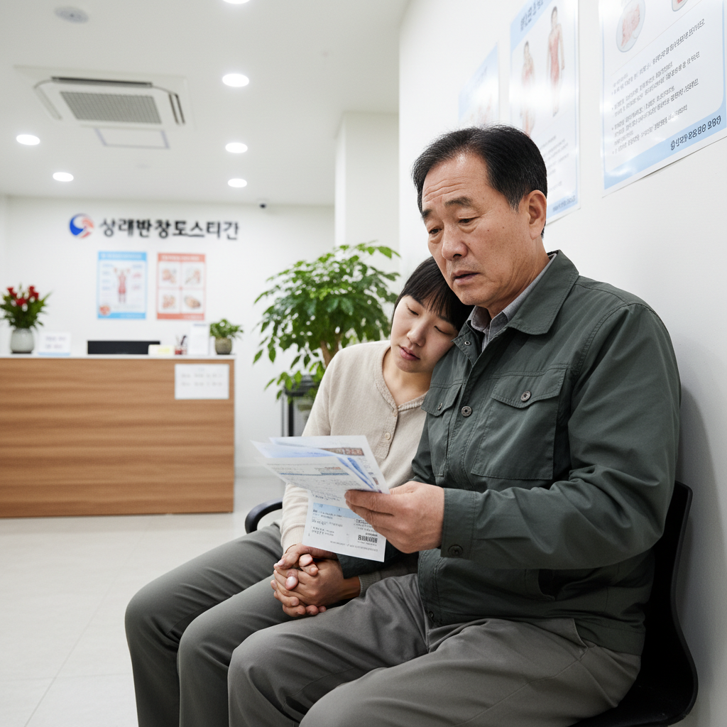 병원에서 아픈 아이의 손을 잡고 걱정하는 부모의 모습