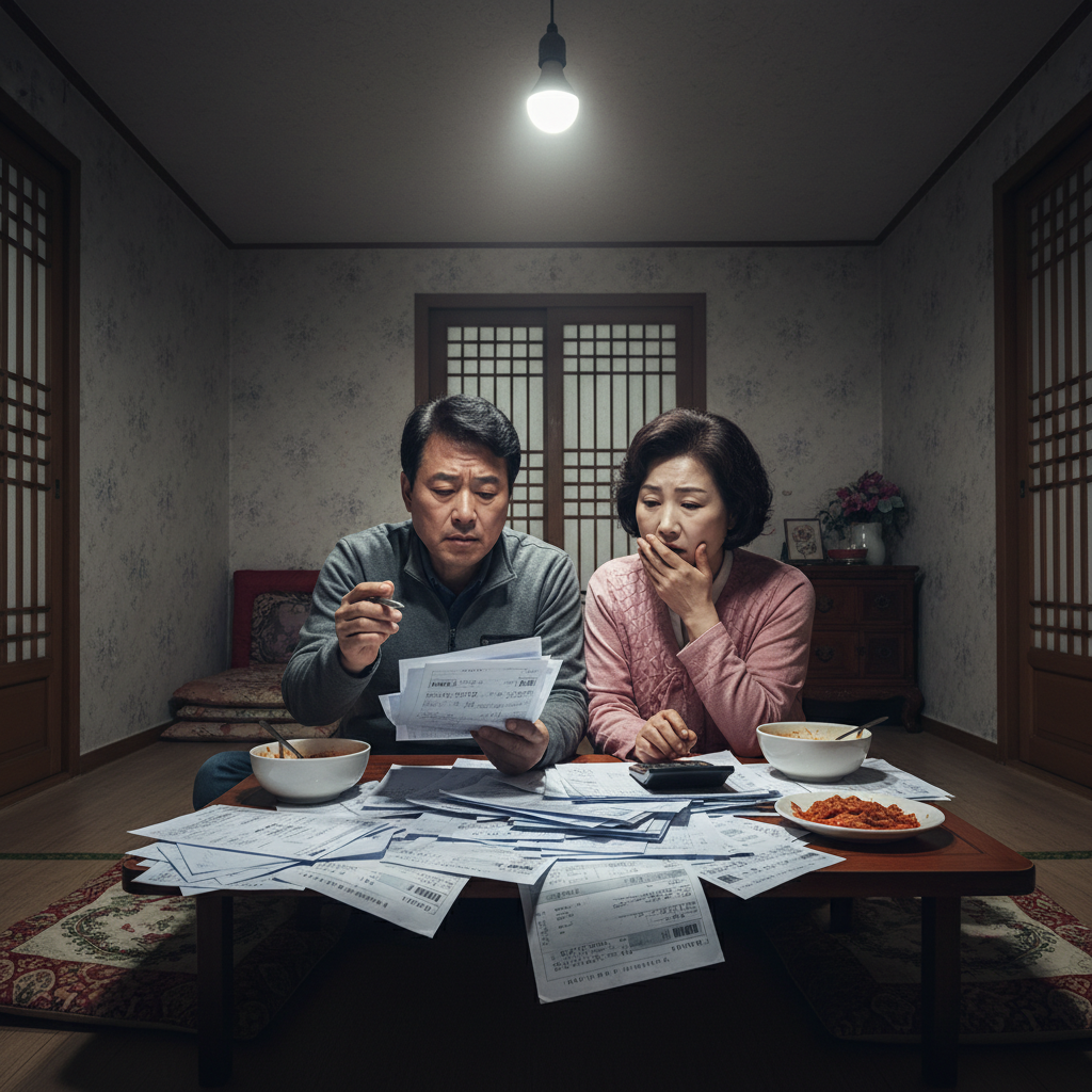 의료비 고지서를 보며 걱정하는 중년 부부 의료비 고지서를 보며 걱정하는 중년 부부