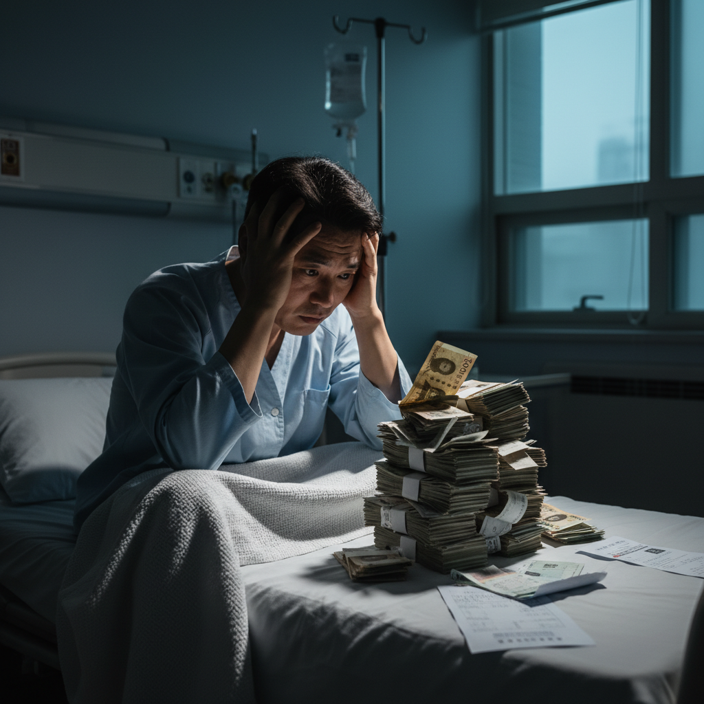 병원비 고지서를 보고 걱정하는 사람의 모습, 4세대실비보험보장 필요성