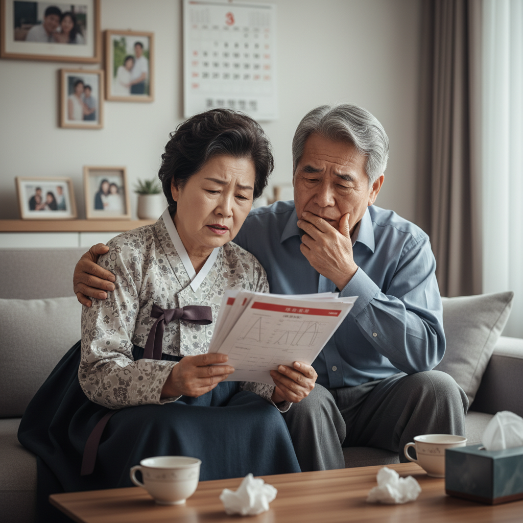 병원비 고지서를 보며 걱정하는 65세 이상 노부부 병원비 고지서를 보며 걱정하는 65세 이상 노부부