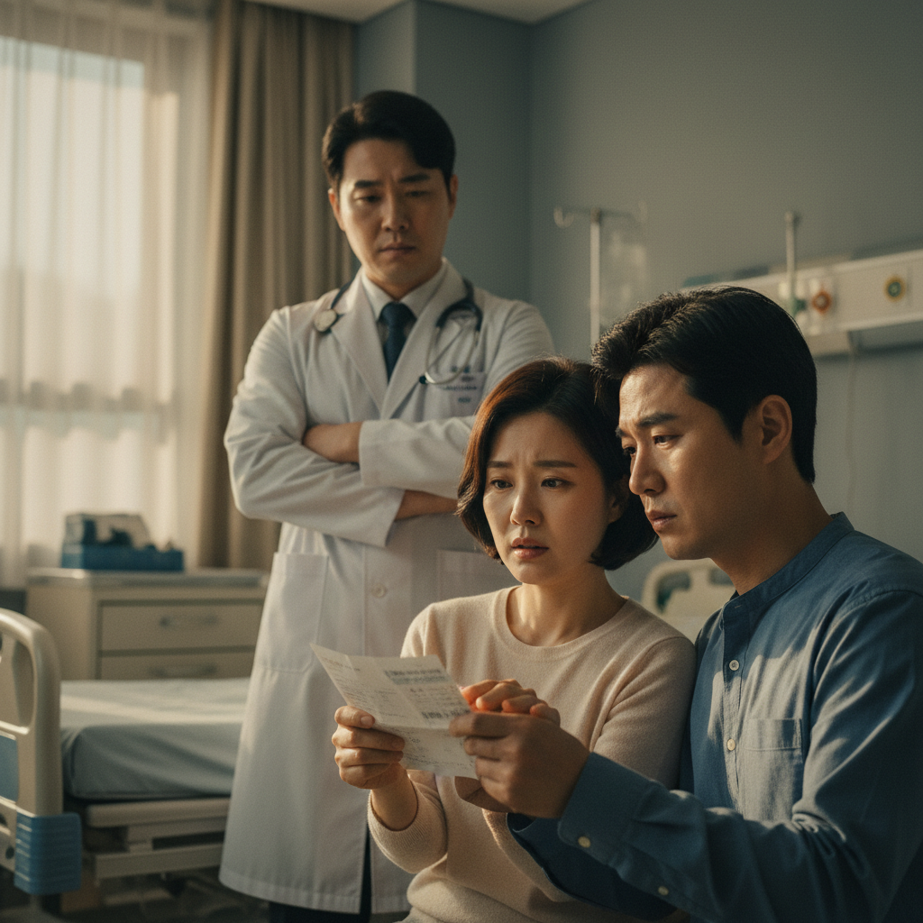 어려운 의료비 청구서를 보고 걱정하는 한국인 부부