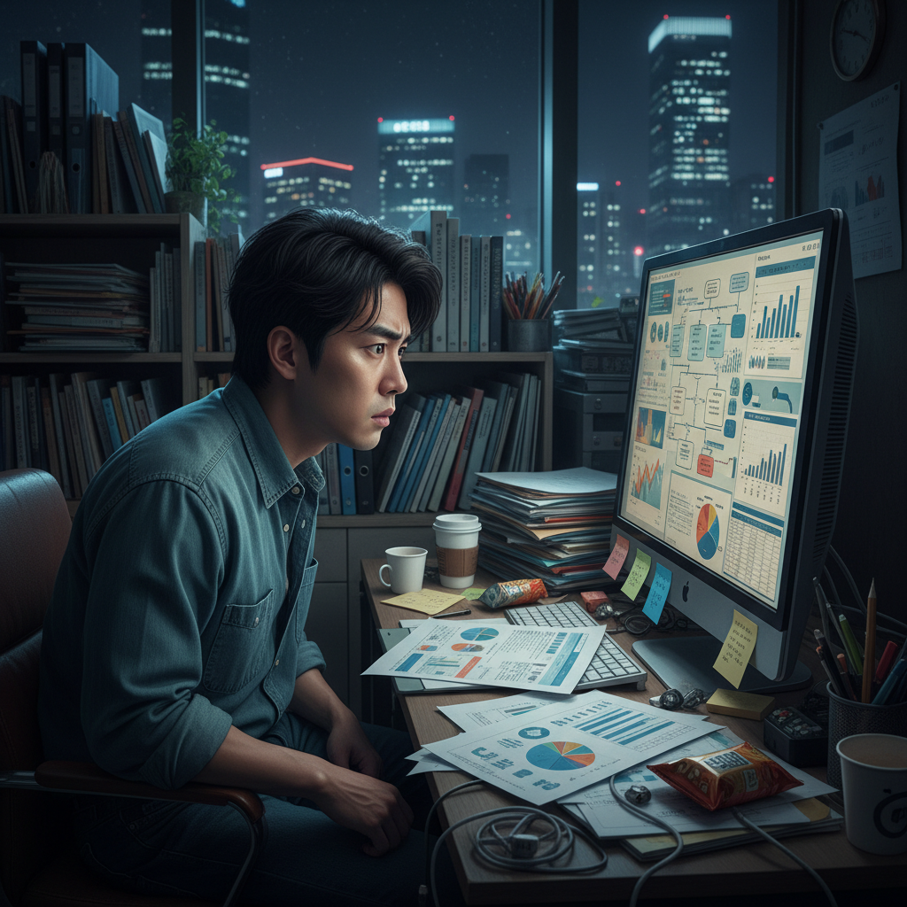 자동차보험DB 정보 홍수 속에서 고민하는 사람