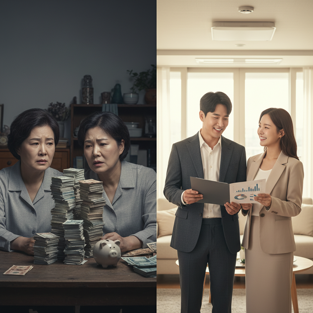 노후 자금 마련에 대한 걱정을 하는 중년 부부와 여유로운 젊은 부부의 모습 노후 자금 마련에 대한 걱정을 하는 중년 부부와 여유로운 젊은 부부의 모습