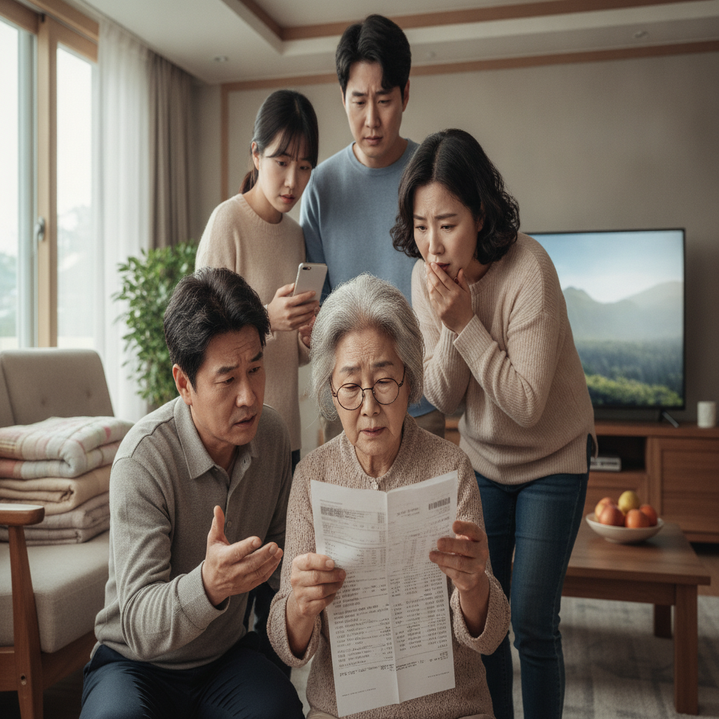 어려운 의료비를 보며 걱정하는 노인과 가족