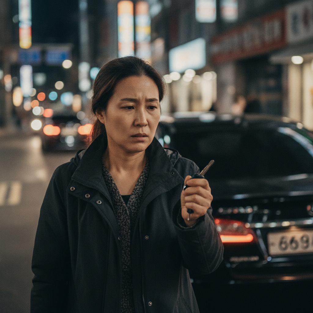 빌린 차 운전에 걱정하는 여성의 모습