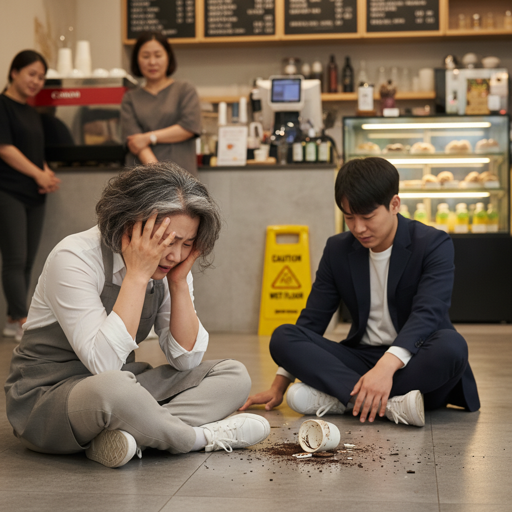 고객이 미끄러져 다친 가게를 보며 걱정하는 영업배상책임보험 미가입 사업주 고객이 미끄러져 다친 가게를 보며 걱정하는 영업배상책임보험 미가입 사업주