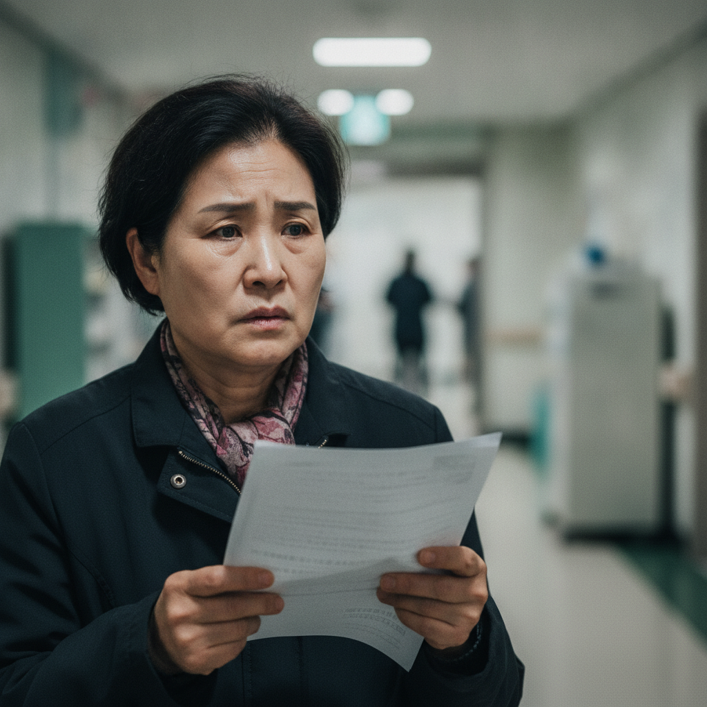 병원 기록을 보며 걱정하는 여성이 간편심사보험에 대해 고민하는 모습