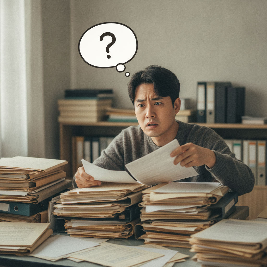 오래된 보험 서류들을 보며 혼란스러워하는 사람, 실비보험가입확인