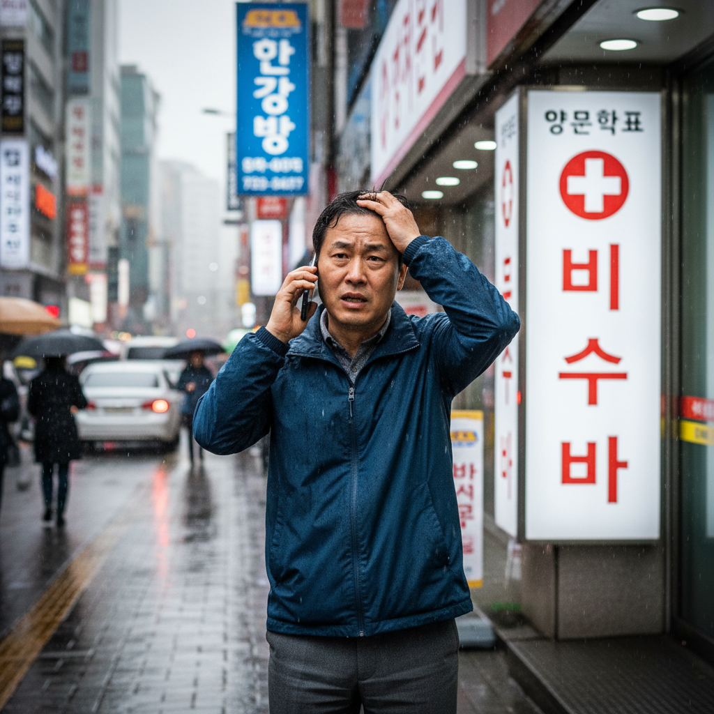 낯선 해외 병원 앞에서 걱정하는 여행자의 모습 (해외보험비교)