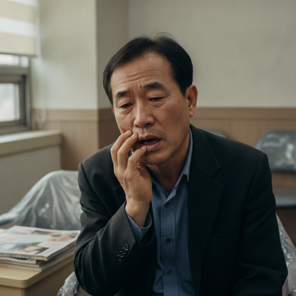틀니가격 때문에 고민하는 중년 남성