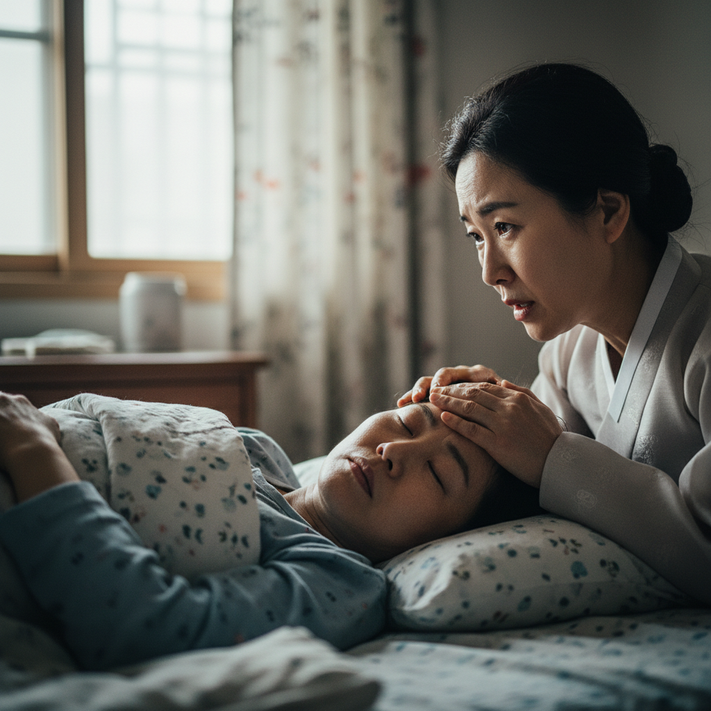 아픈 아이를 걱정하는 엄마와 어린이건강보험