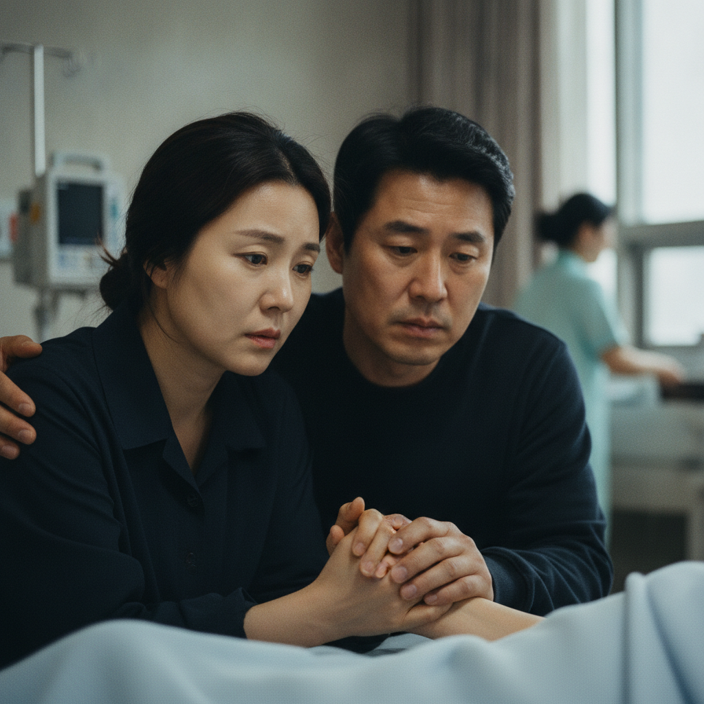걱정스러운 표정의 부모와 아이의 손, 스마트아이사랑보험 필요성
