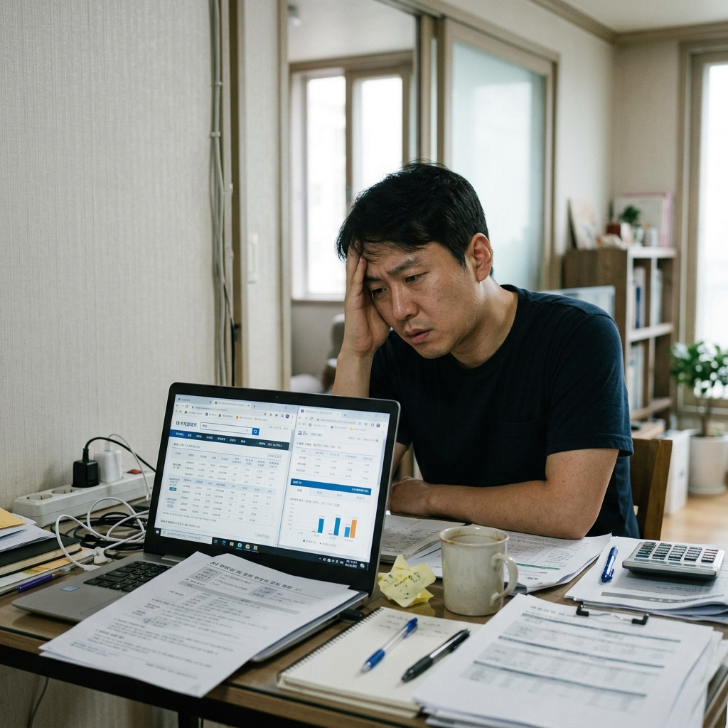 복잡한 운전자보험비교 자료를 보며 고민하는 사람 복잡한 운전자보험비교 자료를 보며 고민하는 사람