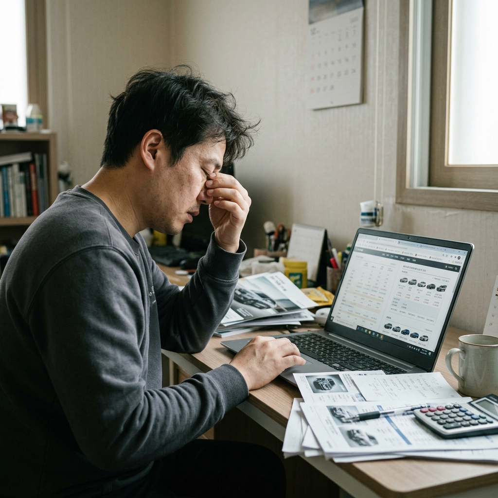 내차보험료비교에 어려움을 느끼는 사람이 노트북을 보고 있는 모습 내차보험료비교에 어려움을 느끼는 사람이 노트북을 보고 있는 모습