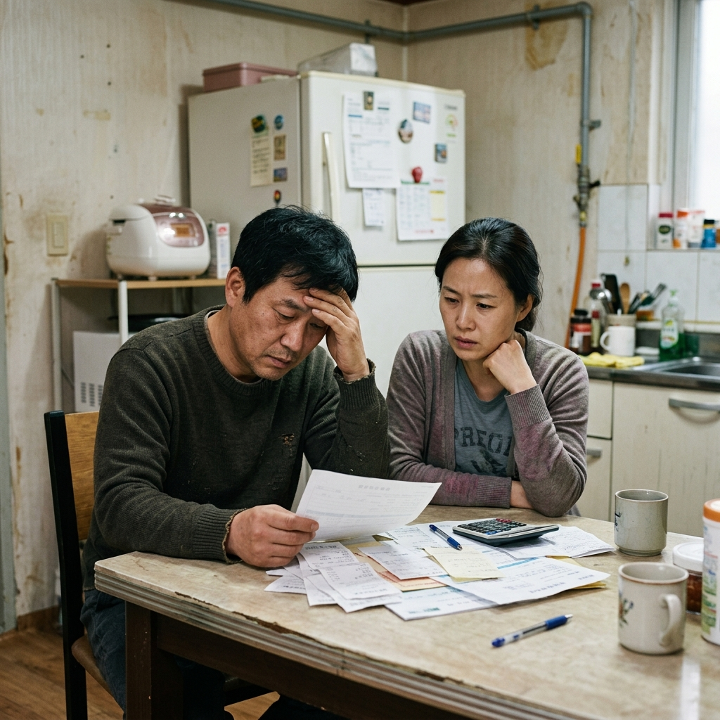 병원비 고지서를 보고 걱정하는 부부의 모습