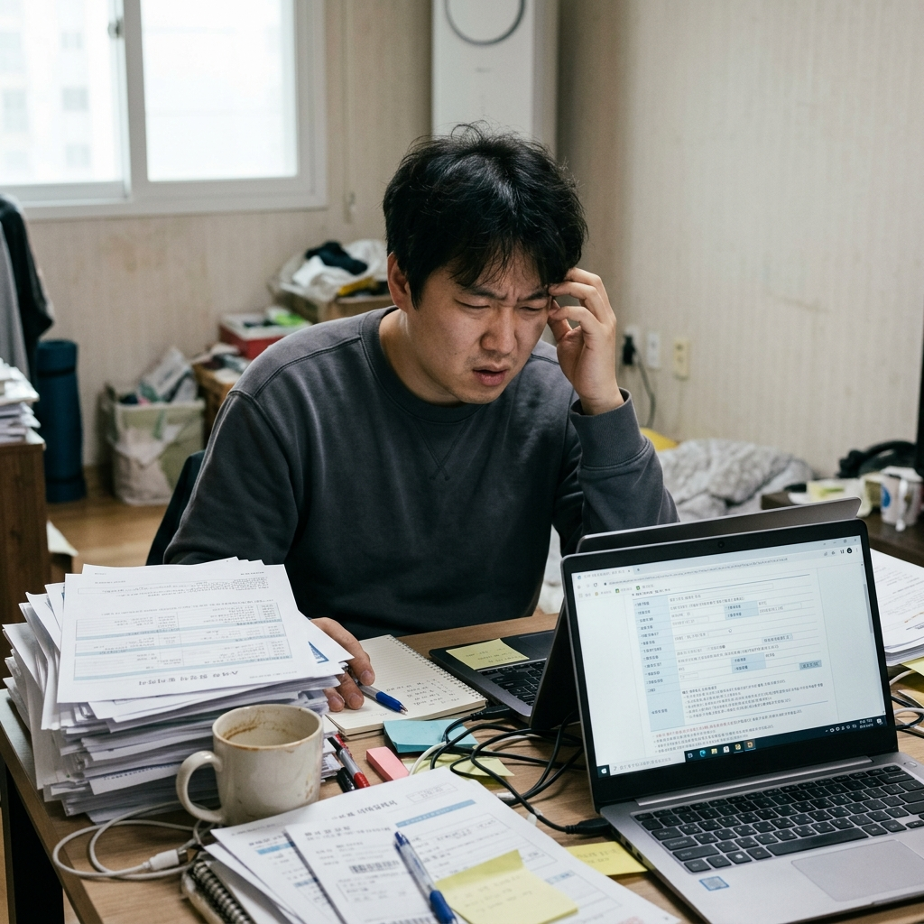 복잡한 서류 앞에서 망설이는 보험금청구자