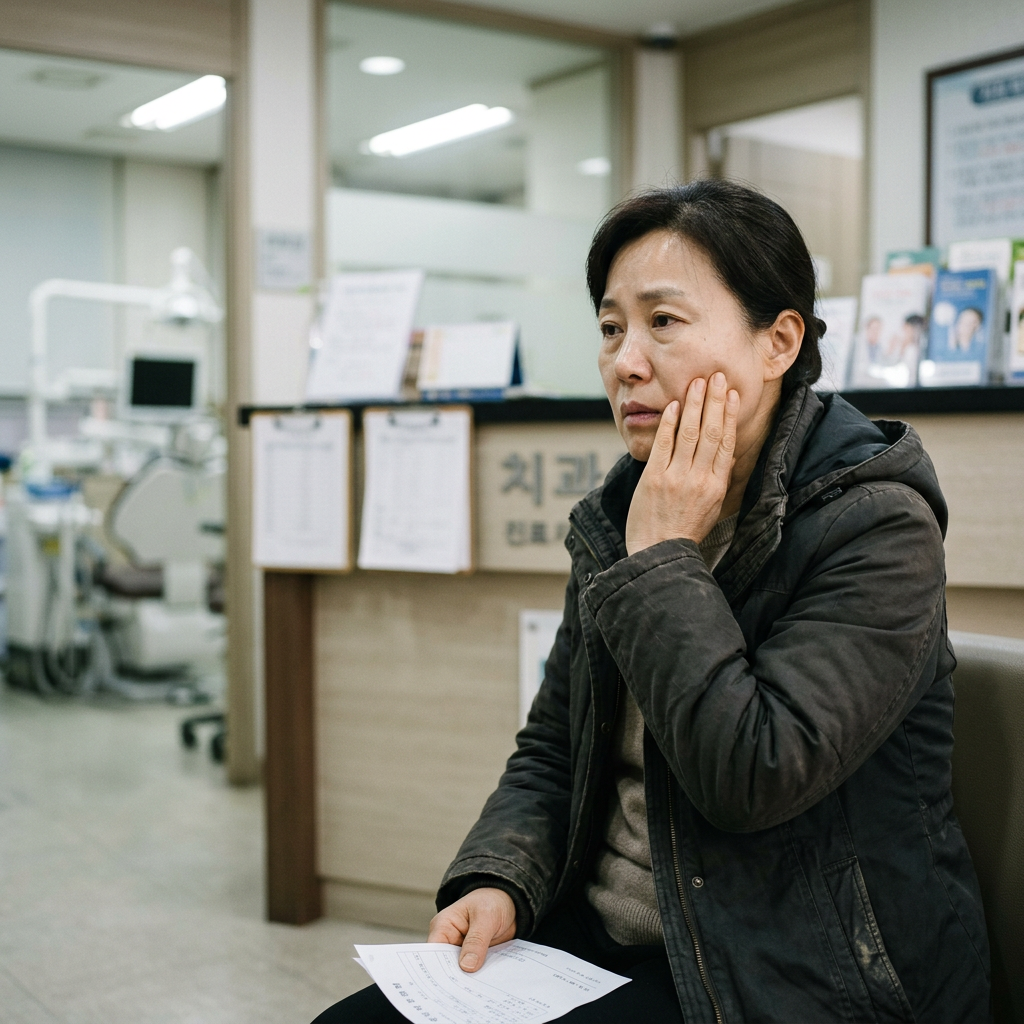 치아 교정 비용 걱정으로 고민하는 사람의 모습